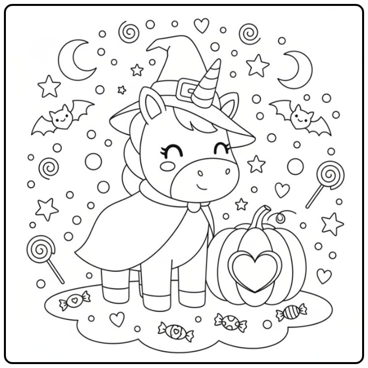 Kleurplaat eenhoorn met hartjes voor Halloween; magische feestvreugde.