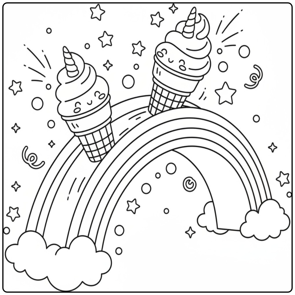 Kleurplaat eenhoorn met ijsje en regenboog: magie in een wafelhoorn.