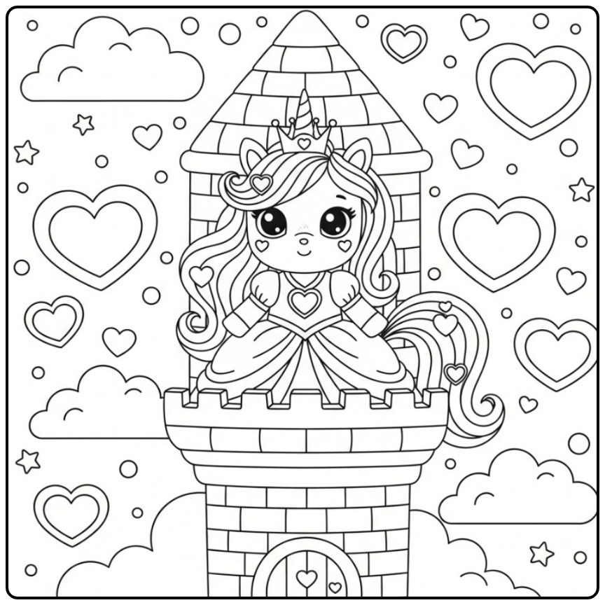 Kleurplaat eenhoorn prinses met hartjes in een magische kasteeltoren.