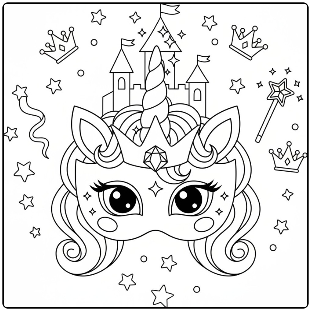 Kleurplaat eenhoorn prinsessen masker met kasteel, kronen en sterren.