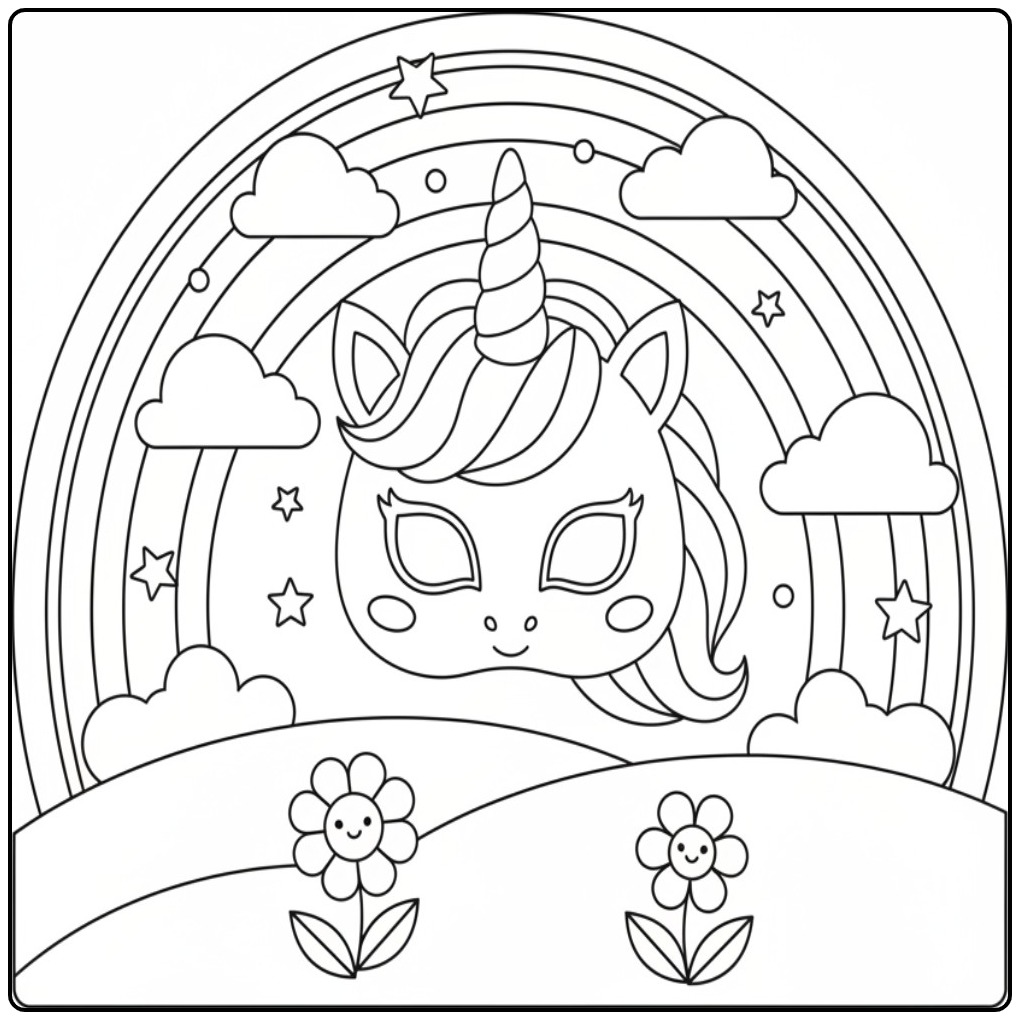 Kleurplaat eenhoorn regenboog masker, zwevend tussen wolken en vrolijke bloemen.