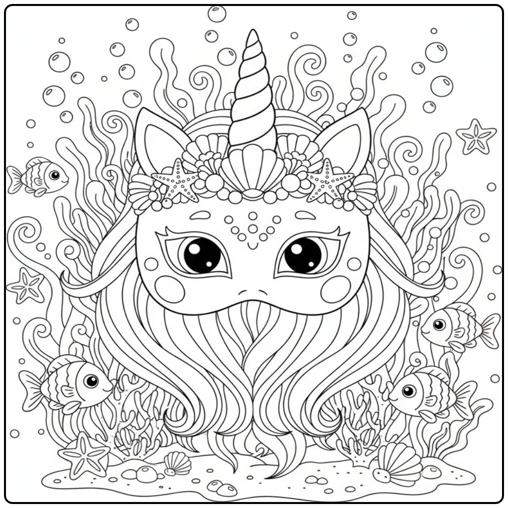 Kleurplaat eenhoorn zeemeermin masker, een magisch wezen onderwater.