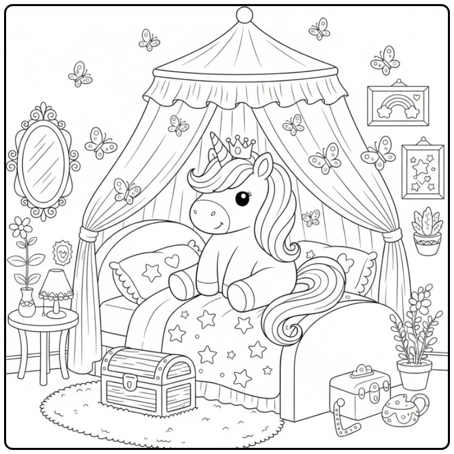 Kleurplaat prinses unicorn en vlinders in een gezellige slaapkamer