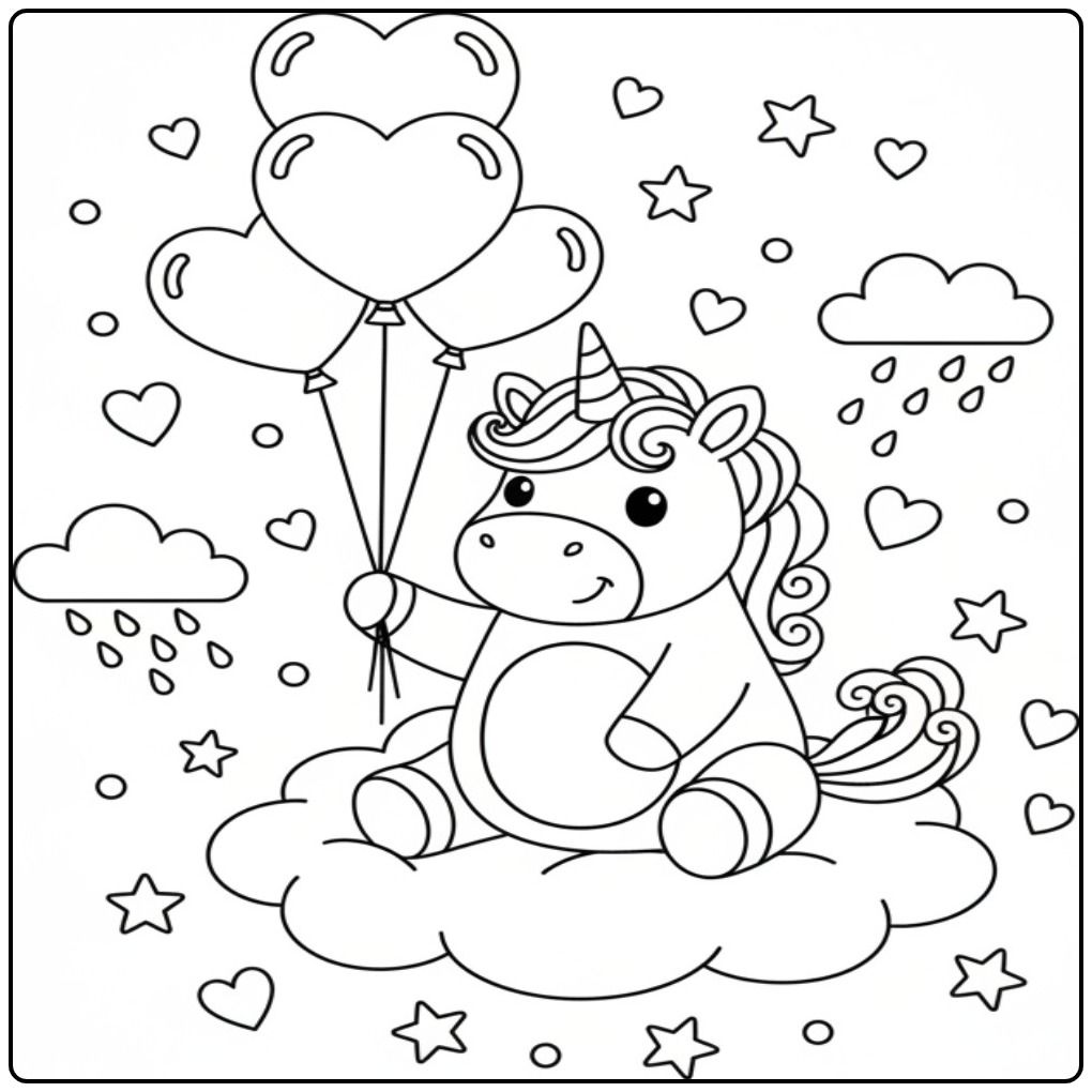 Leuke kleurplaat unicorn hartjes: een eenhoorn met hartjesballonnen.