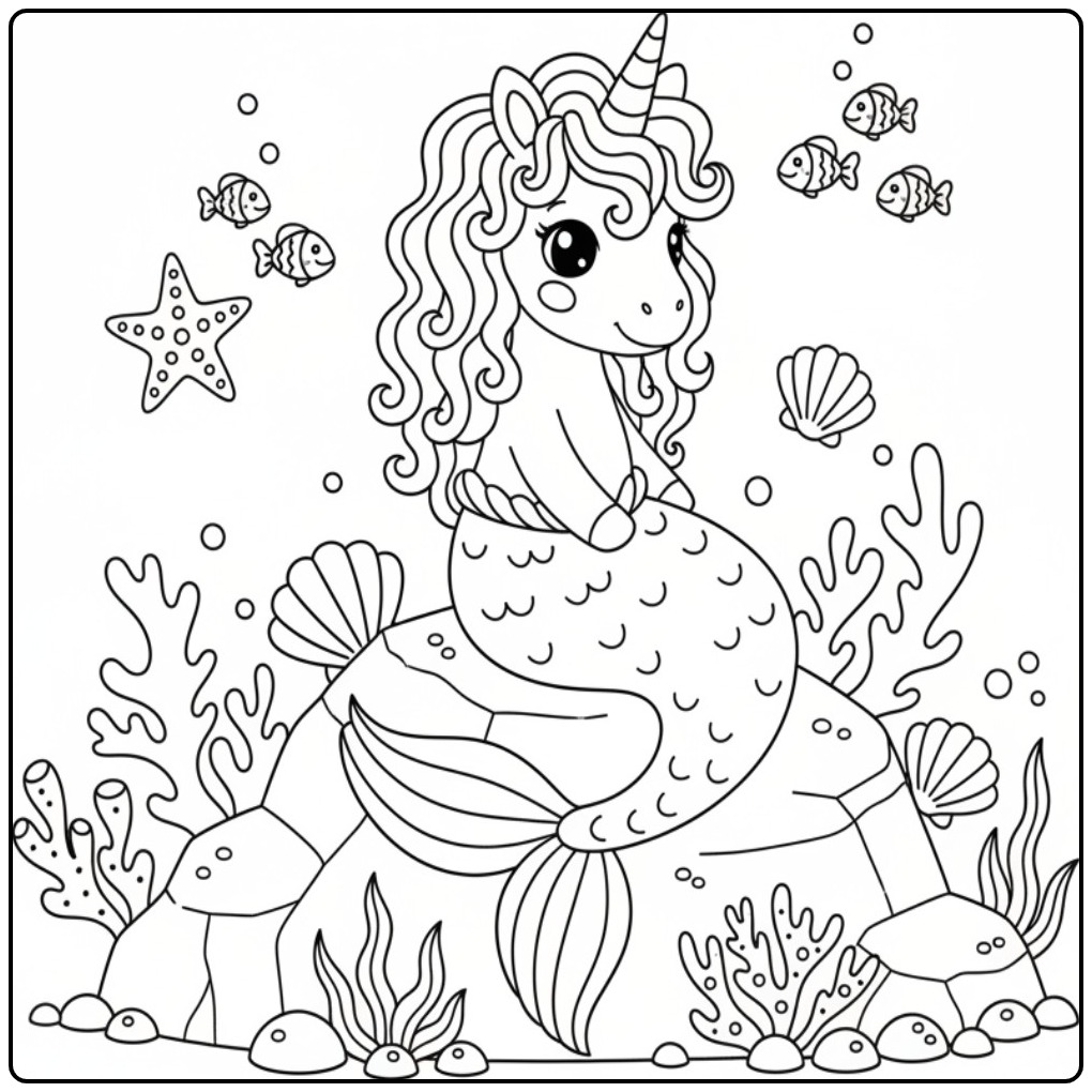 Leuke kleurplaat unicorn zeemeermin onderwater met vissen en zeewier.