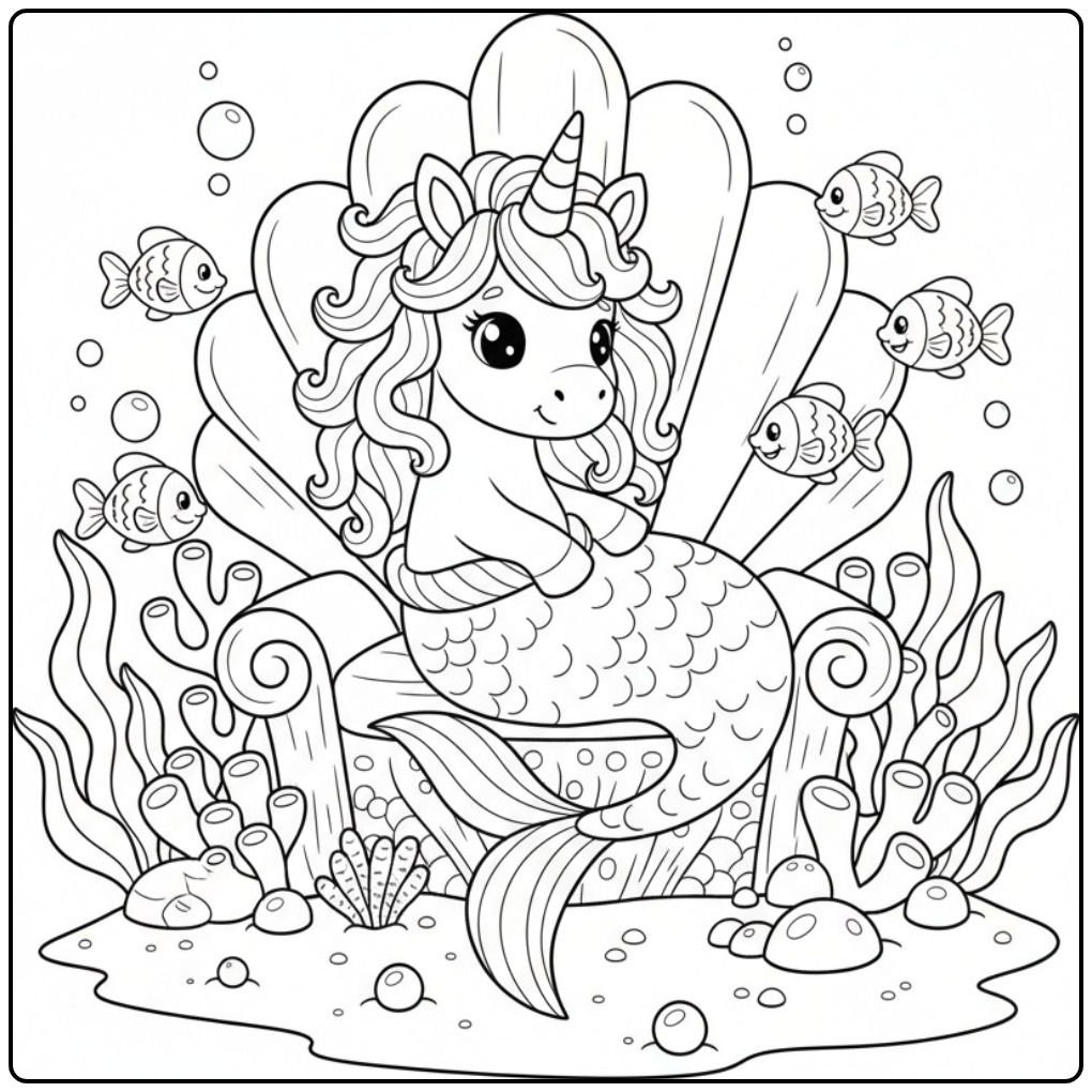 Leuke kleurplaat unicorn zeemeermin in schelp onder water.