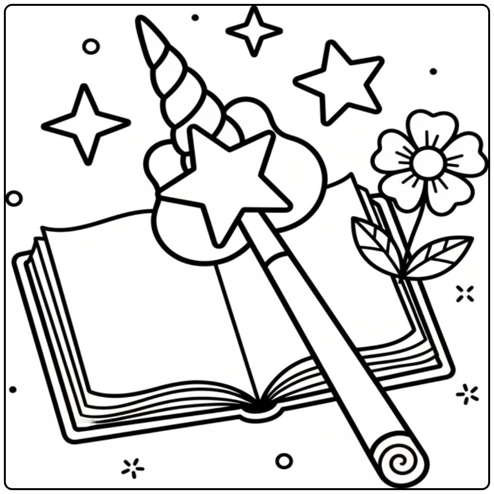 Een magische unicorn hoorn kleurplaat met een toverstaf en boek.