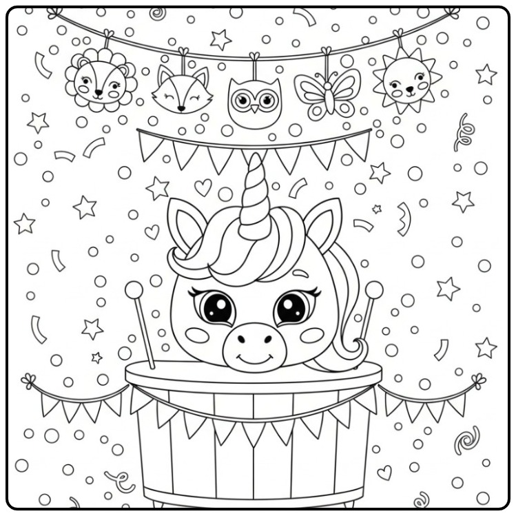 Vrolijke unicorn masker kleurplaat met feestelijke confetti.