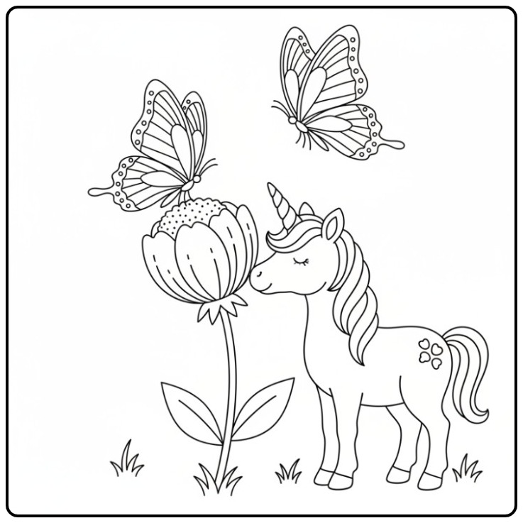 Schattige vlinders kleurplaat unicorn met bloem en vliegende vlinders.