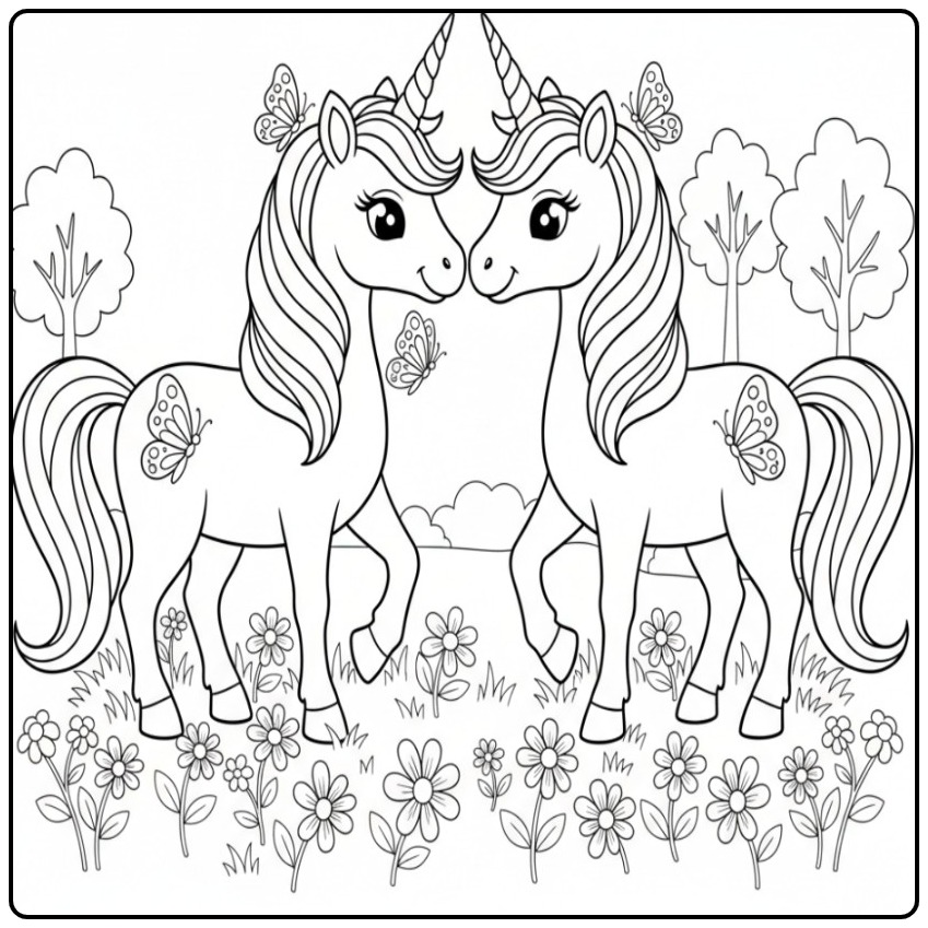 Leuke vlinders kleurplaat unicorn met twee magische eenhoorns.