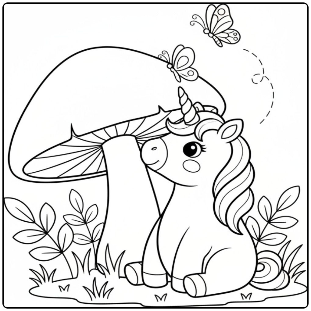 Leuke vlinders kleurplaat unicorn onder een grote paddenstoel.
