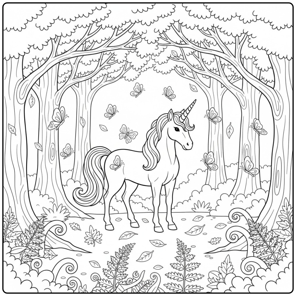 Magische vlinders kleurplaat unicorn in bos om te kleuren.