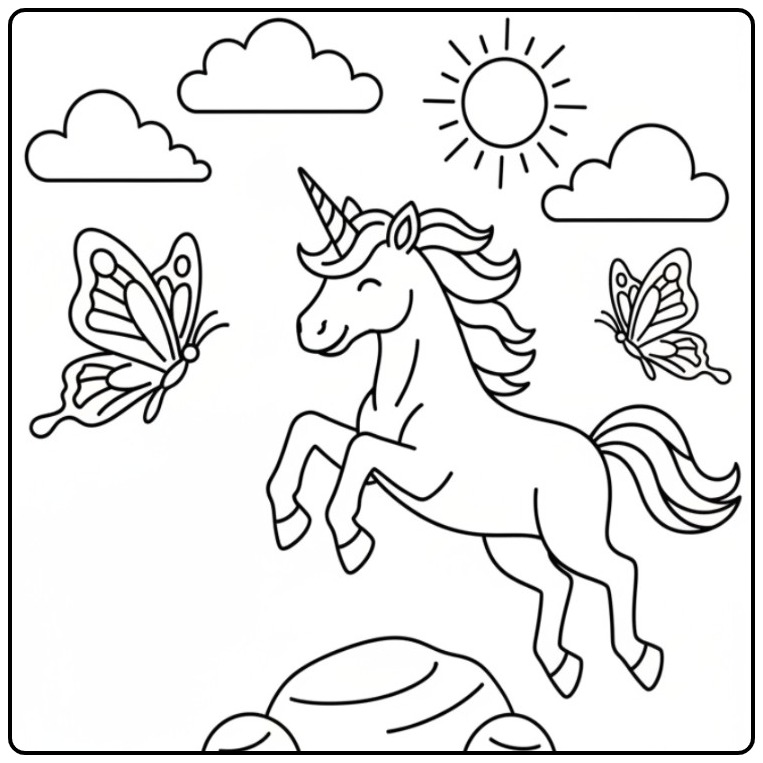 Mooie vlinders kleurplaat unicorn met zwevende vlinders en zon.