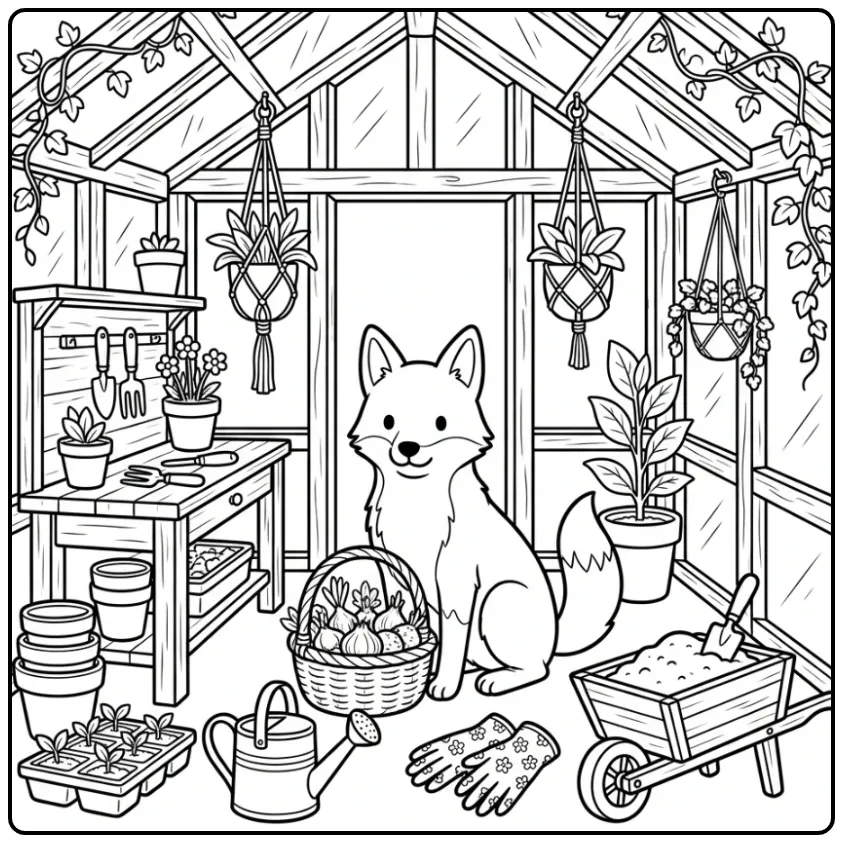 Een Boerenfox in een kas, een leuke kleurplaat hond volwassenen.