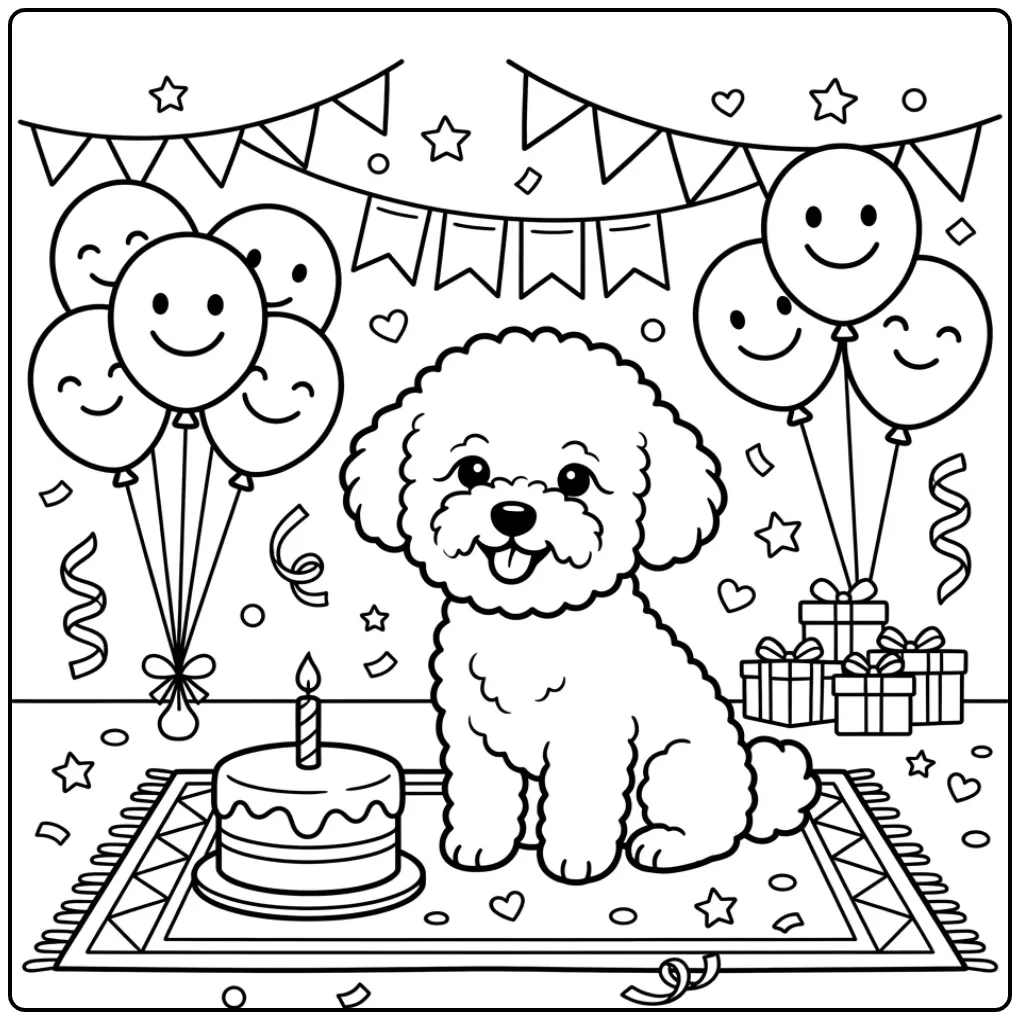 Verjaardag kleurplaat hond schattig met taart en ballonnen