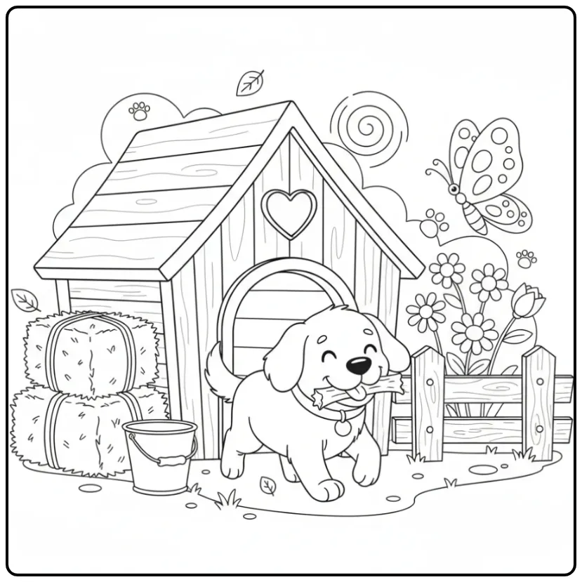 Een schattige kleurplaat hondenhok met een blije hond en stok.