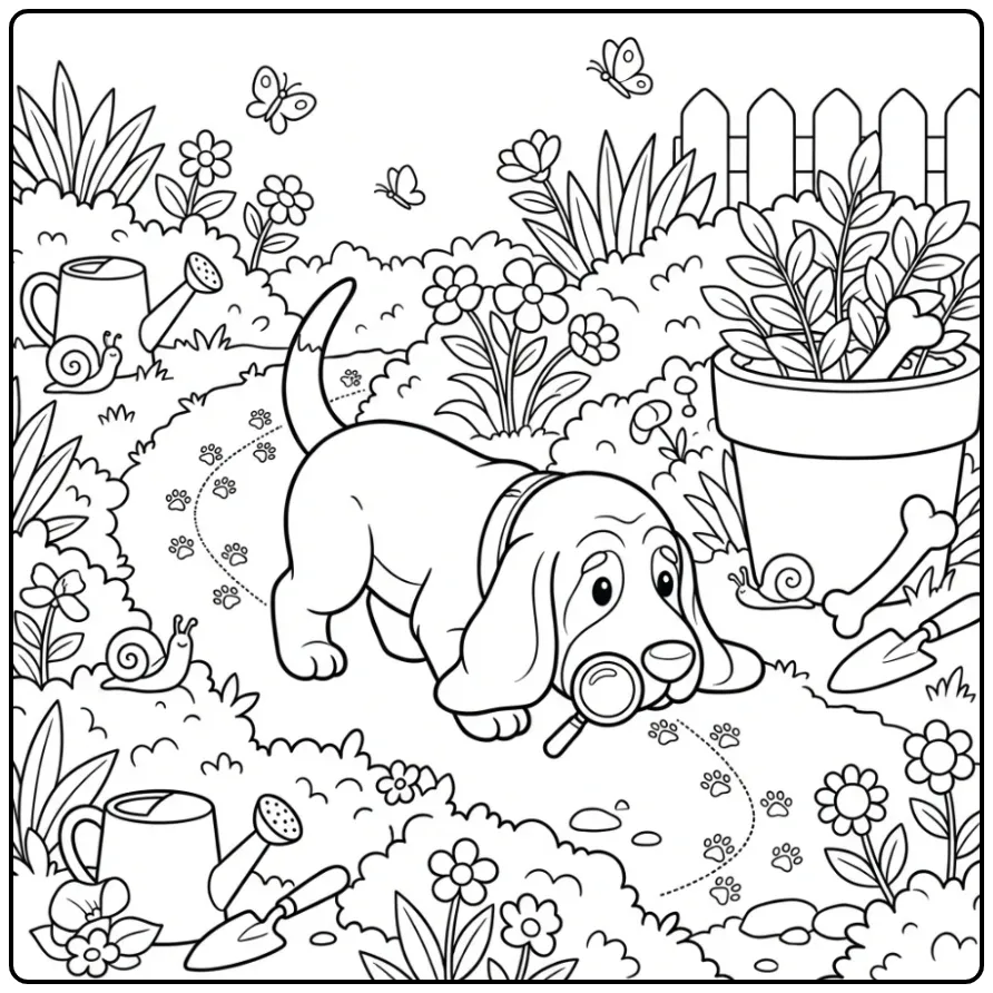 Detective kleurplaat schattige puppy speurend in tuin