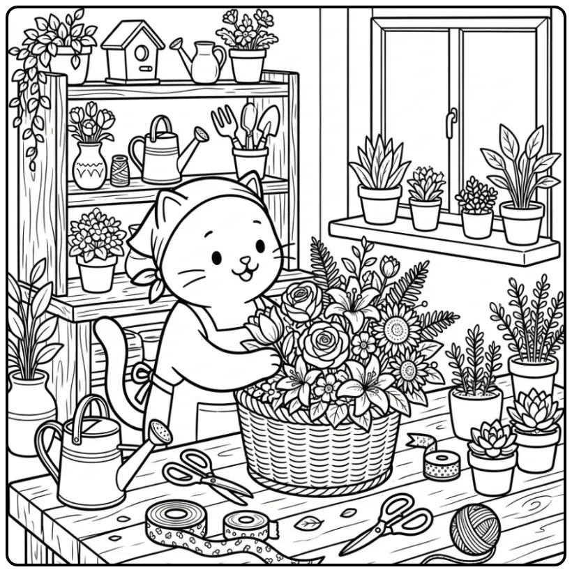 Gedetailleerde bloemist kleurplaat kat moeilijk met bloemen.