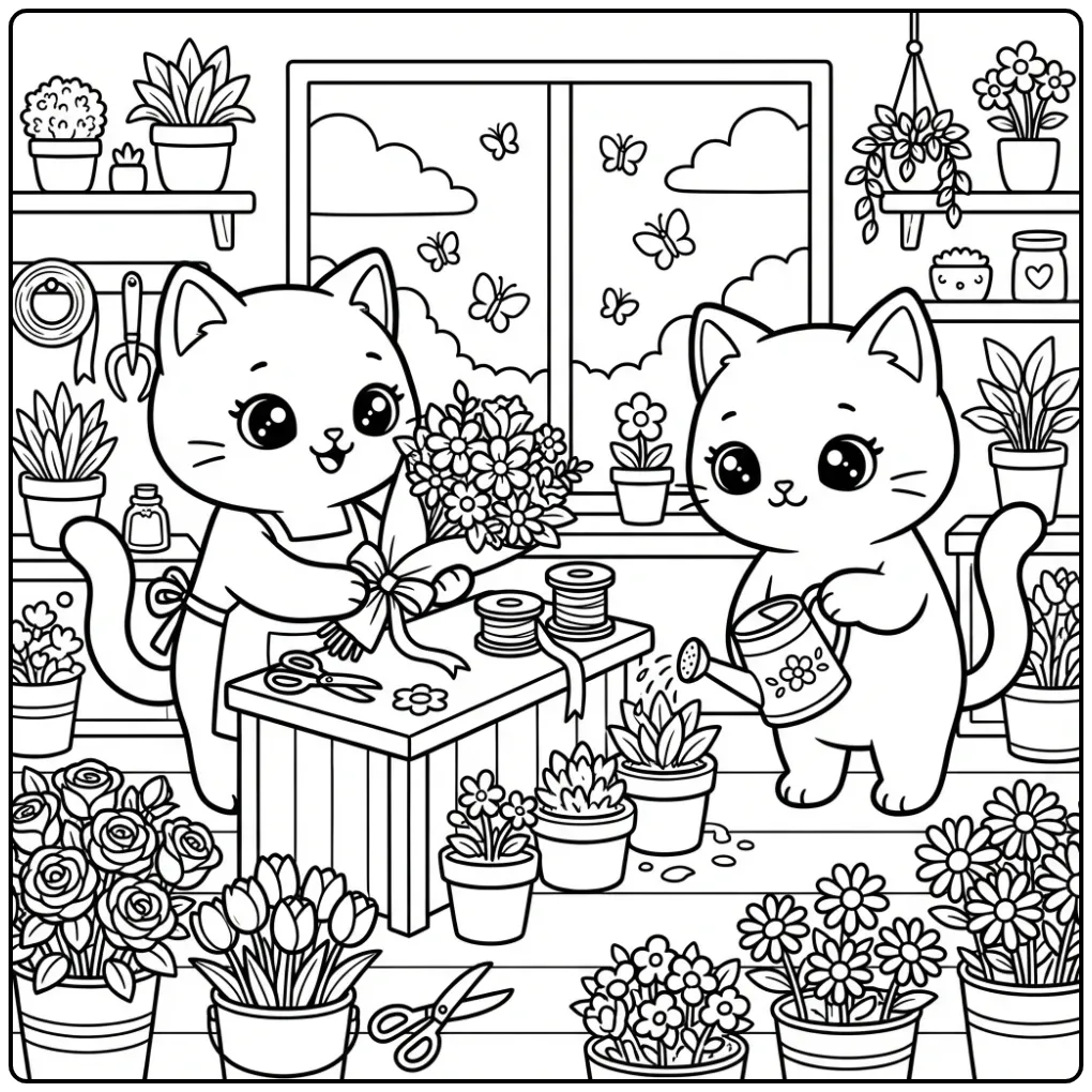 Schattige katten kleurplaat in een drukke bloemenwinkel.