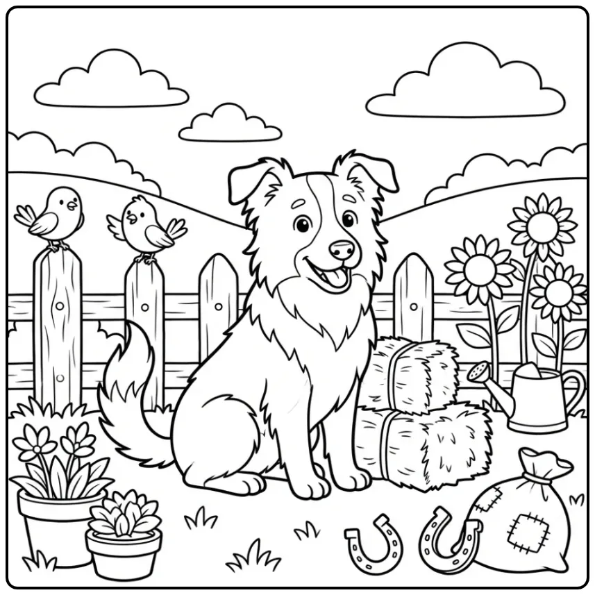 Een kleurplaat hond schattig met vrolijke Border Collie.