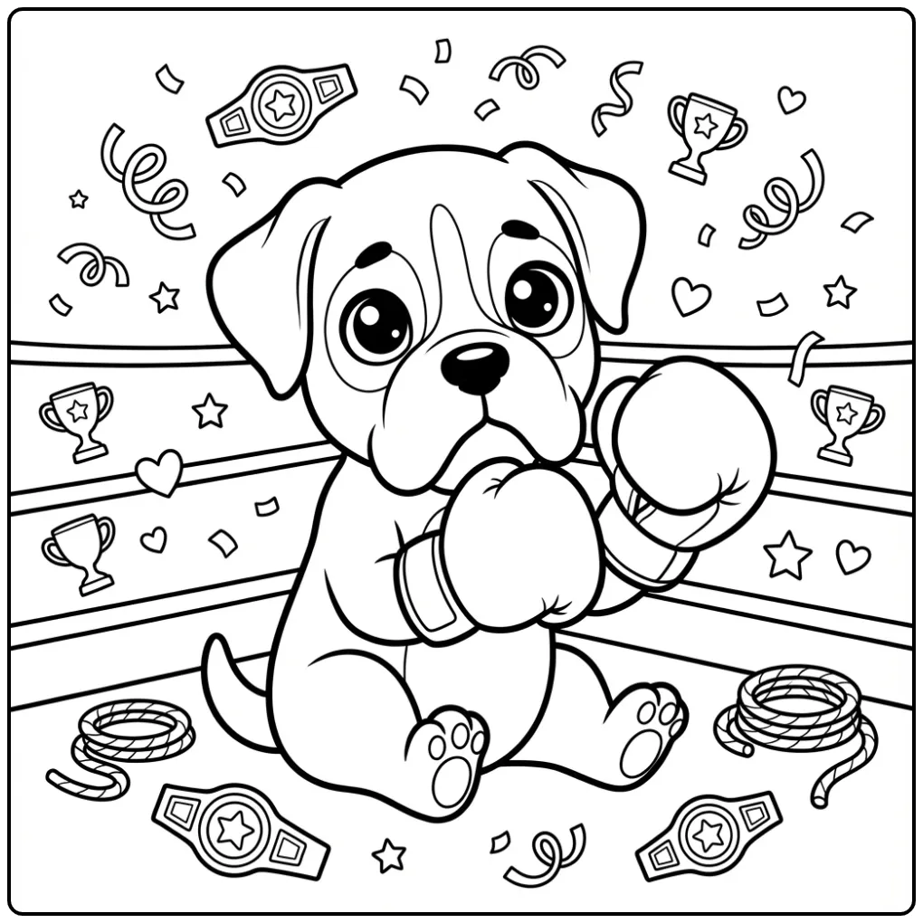 Kleurplaat schattige puppy boxer met grote bokshandschoenen.