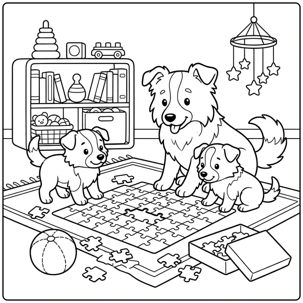 Kleurplaat honden puppies maken samen een grote puzzel.