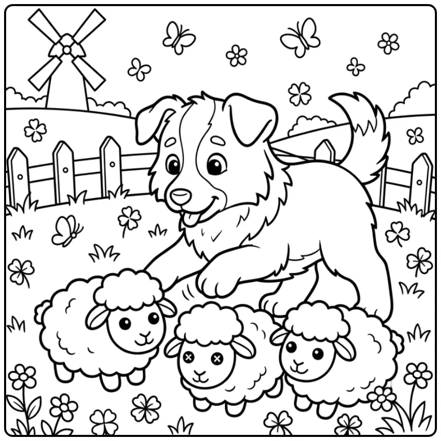 Schattige puppy kleurplaat makkelijk met knuffelschaapjes.