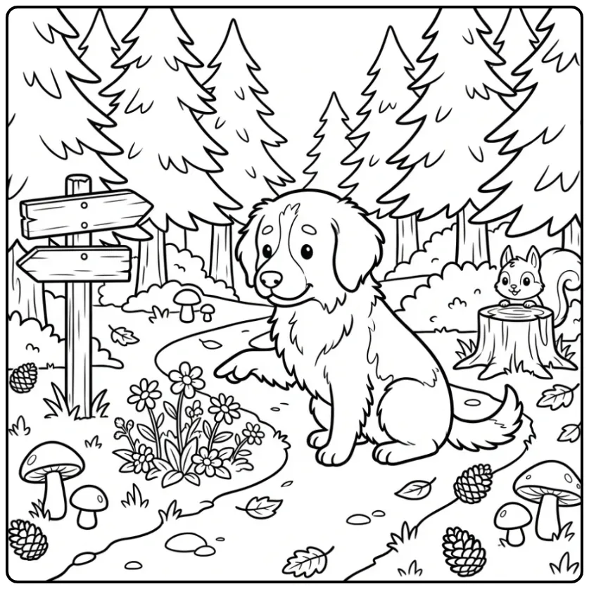 Drentsche Patrijshond op een bospad, kleurplaat hond volwassenen.