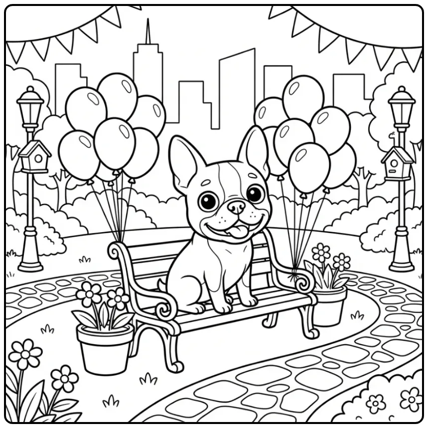 Vrolijke kleurplaat hond schattig op bankje met ballonnen