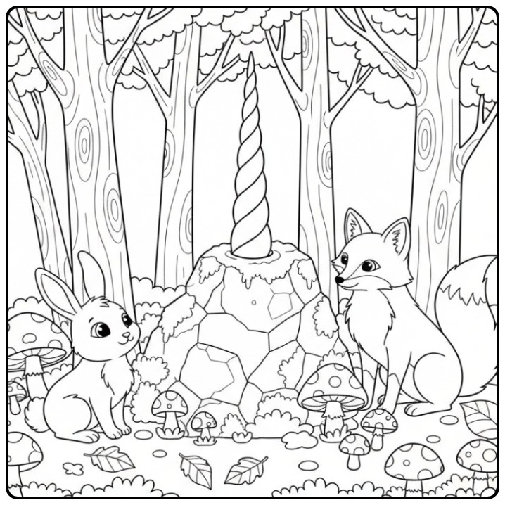 Konijn en vos bij een magische unicorn hoorn kleurplaat.