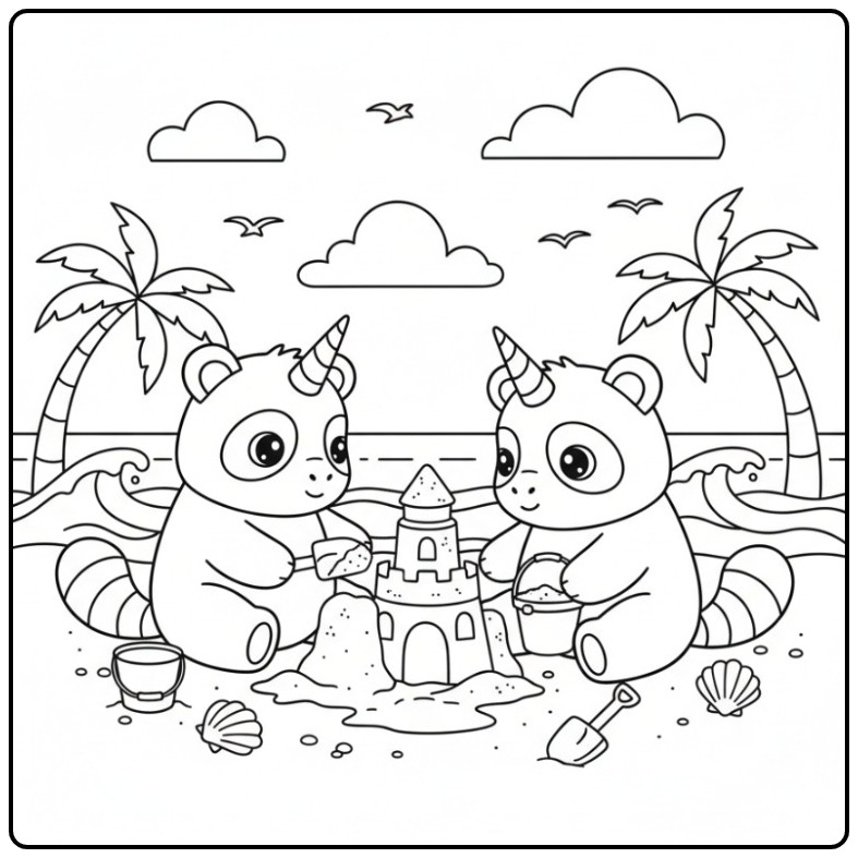 Twee vriendjes op een schattige unicorn panda kleurplaat.