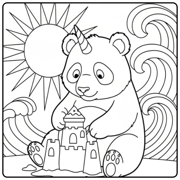 Een schattige unicorn panda kleurplaat op het strand.