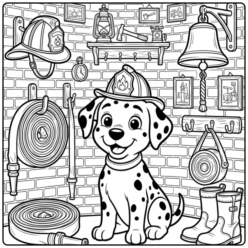 Gedetailleerde kleurplaat puppy moeilijk bij brandweer.