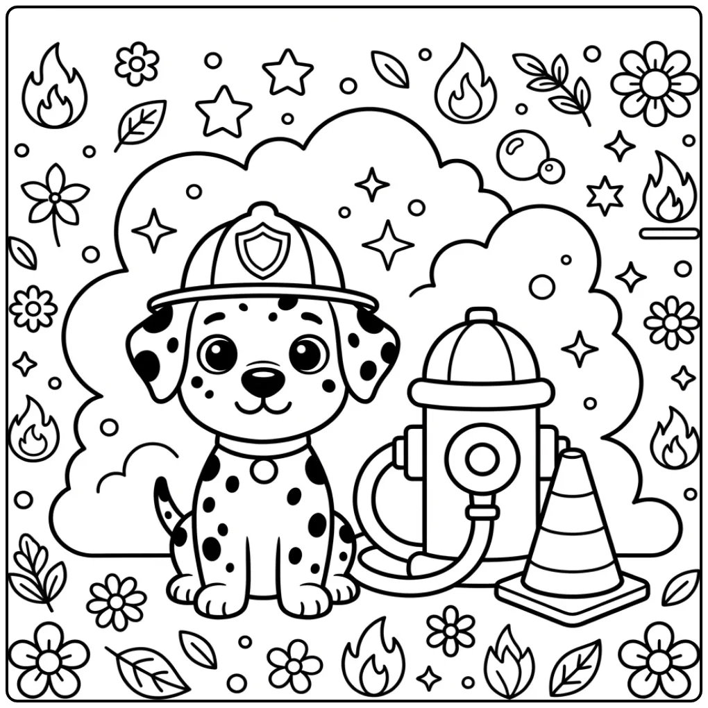 Een kleurplaat schattige puppy als brandweerhond met helm.