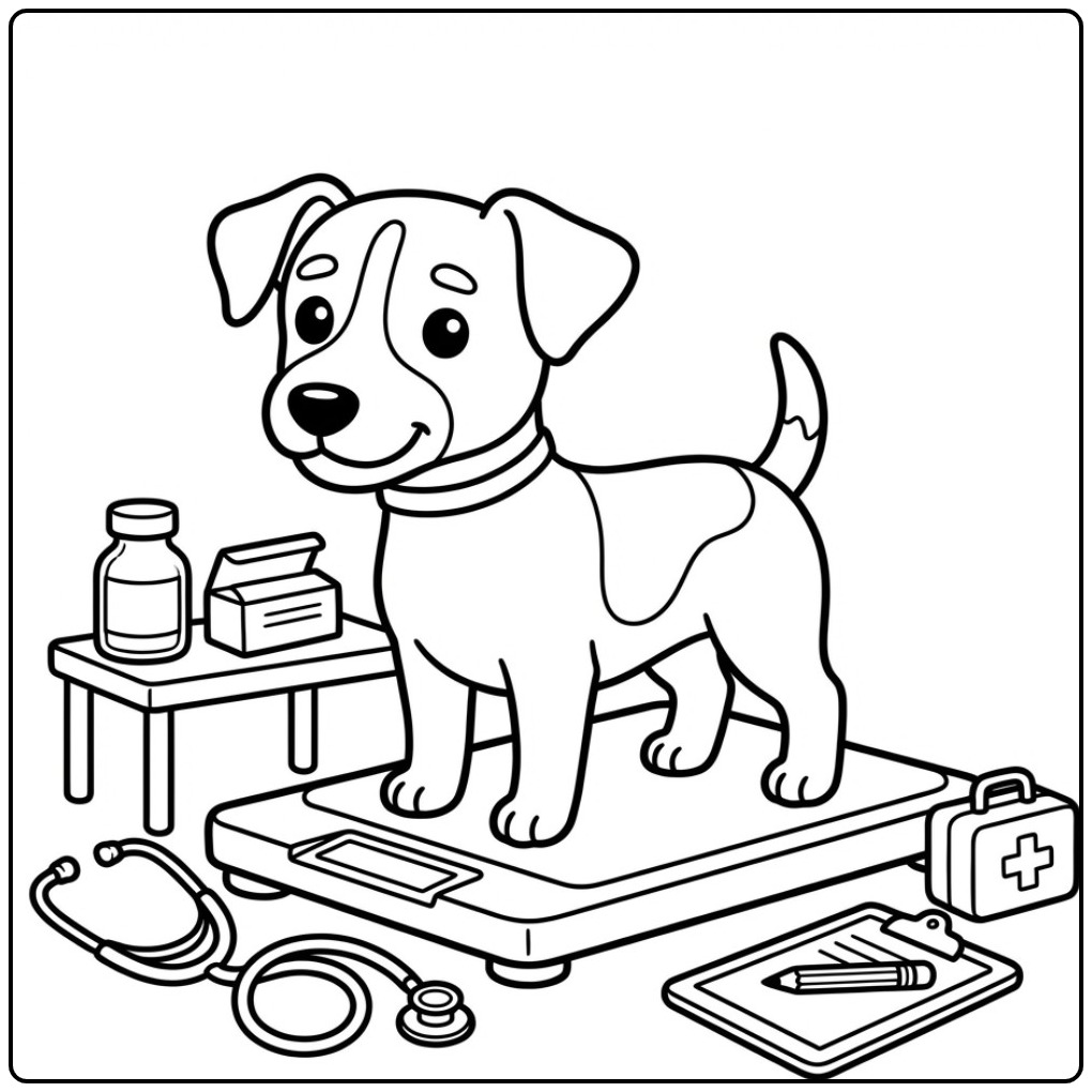 Een vrolijke kleurplaat jack russel bij de dierenartscontrole.
