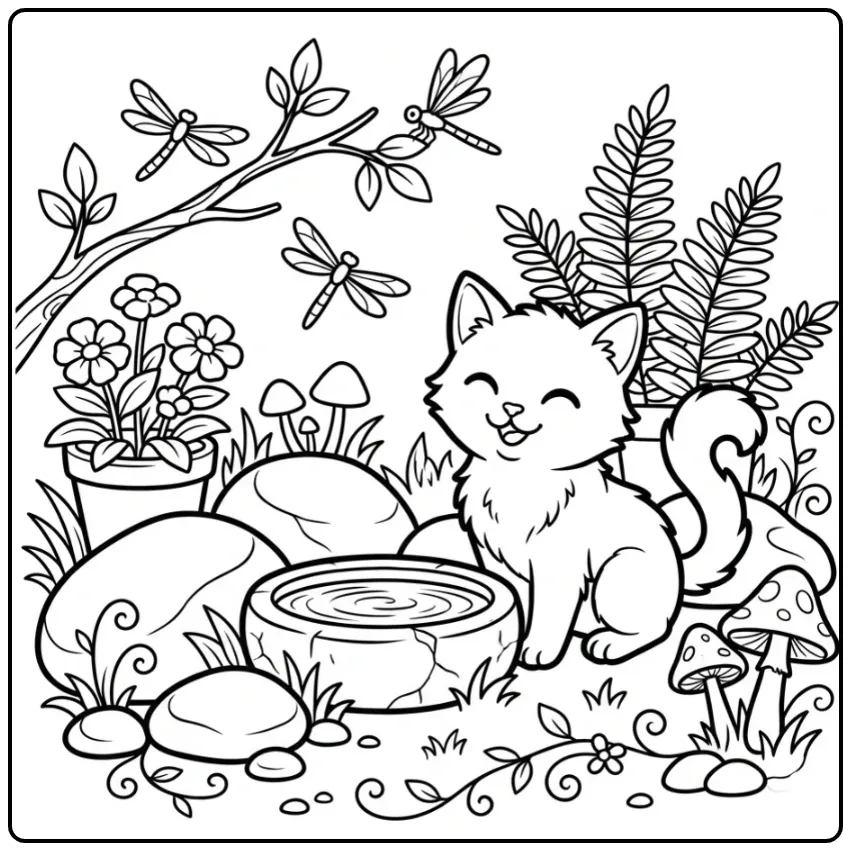 Een kleurplaat kitten schattig bij een vijver met libellen.