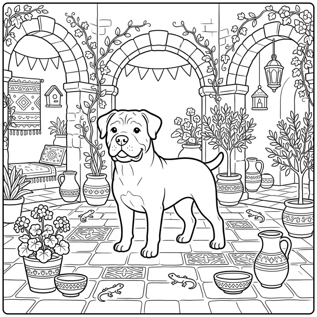 Cane Corso in Italiaanse tuin als kleurplaat hond.