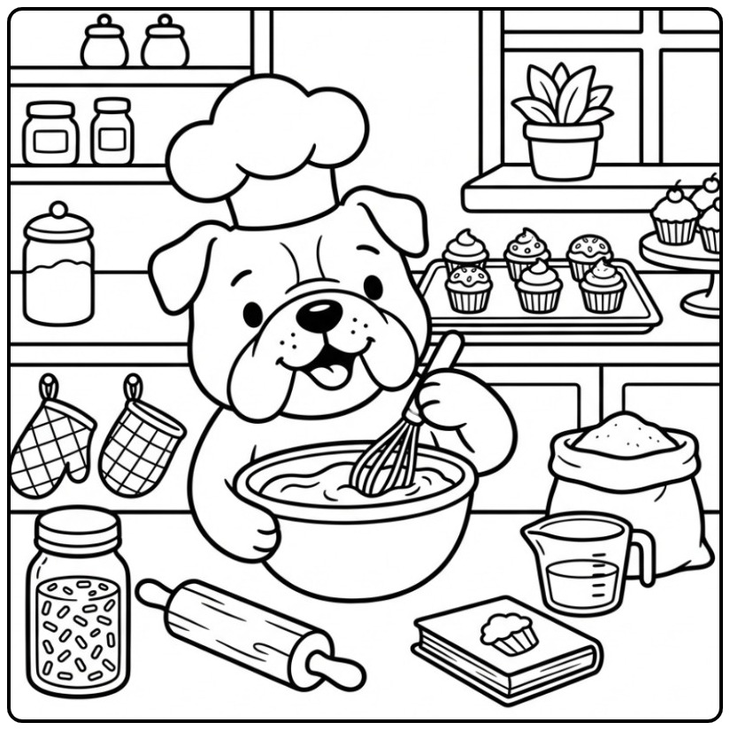 Een vrolijke kleurplaat bulldog die cupcakes bakt in de keuken.