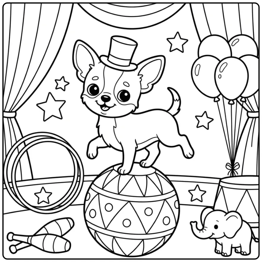 Kleurplaat puppy chihuahua balanceert op een grote bal.