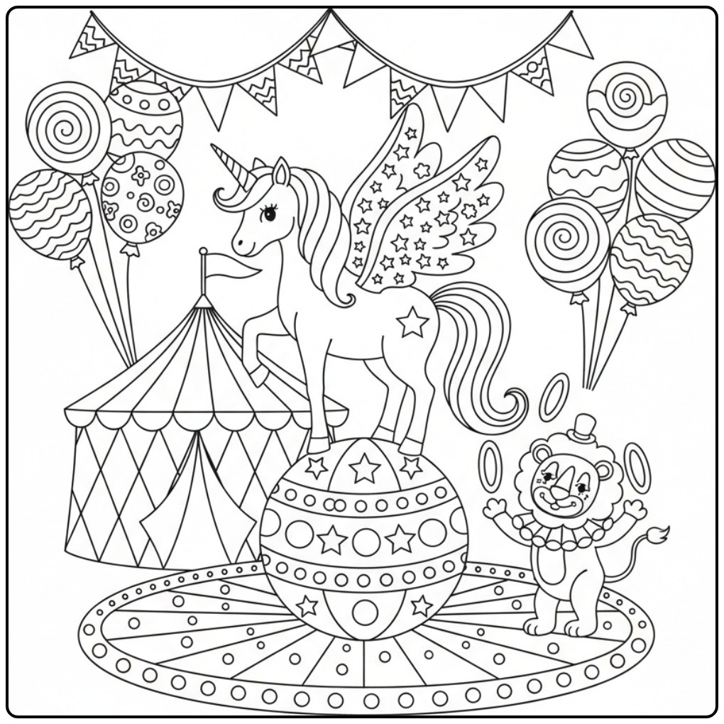 Een vrolijke kleurplaat eenhoorn met vleugels in het circus.