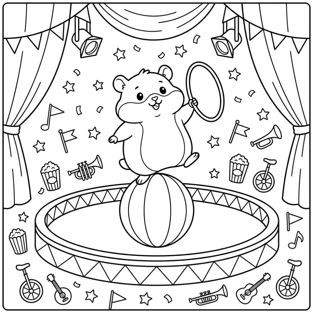 Leuke kleurplaat hamster op een circusbal met sterren.