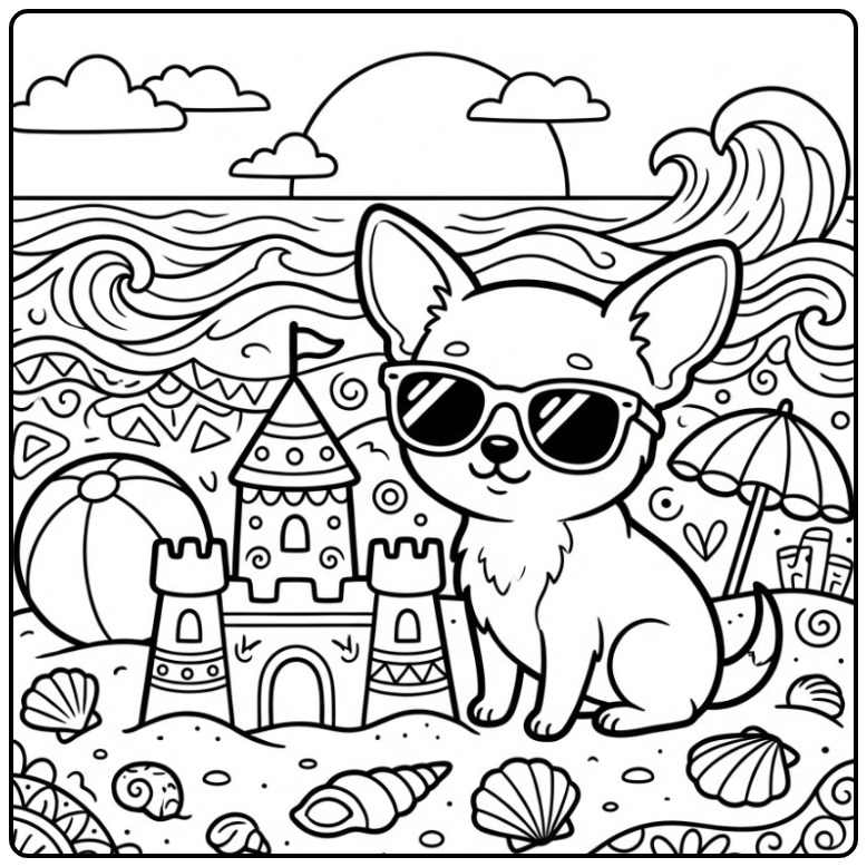 Zonnige kleurplaat chihuahua op het strand met een zonnebril.