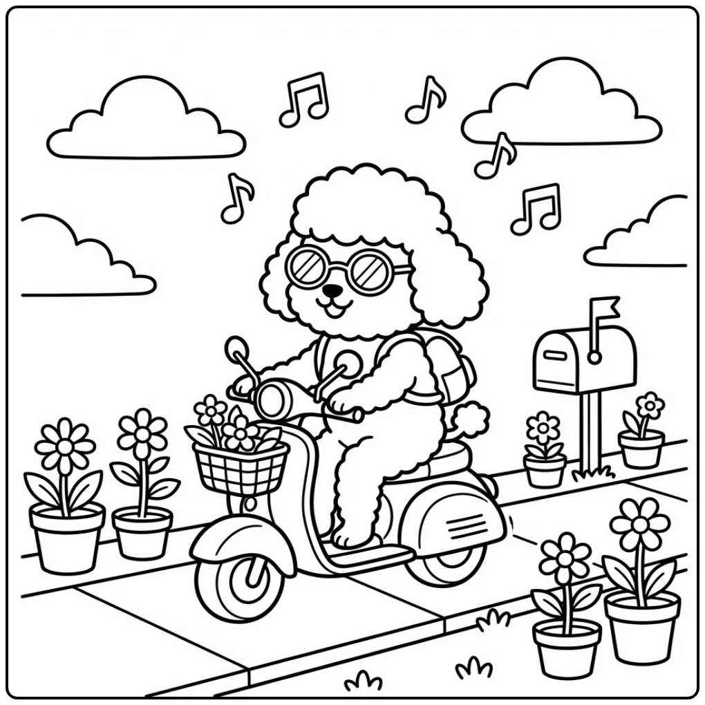 Een vrolijke kleurplaat poedel op een scooter met bloemen.