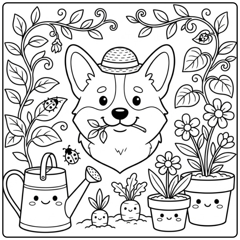 Een vrolijke kleurplaat hondenkop van een Corgi in de tuin.
