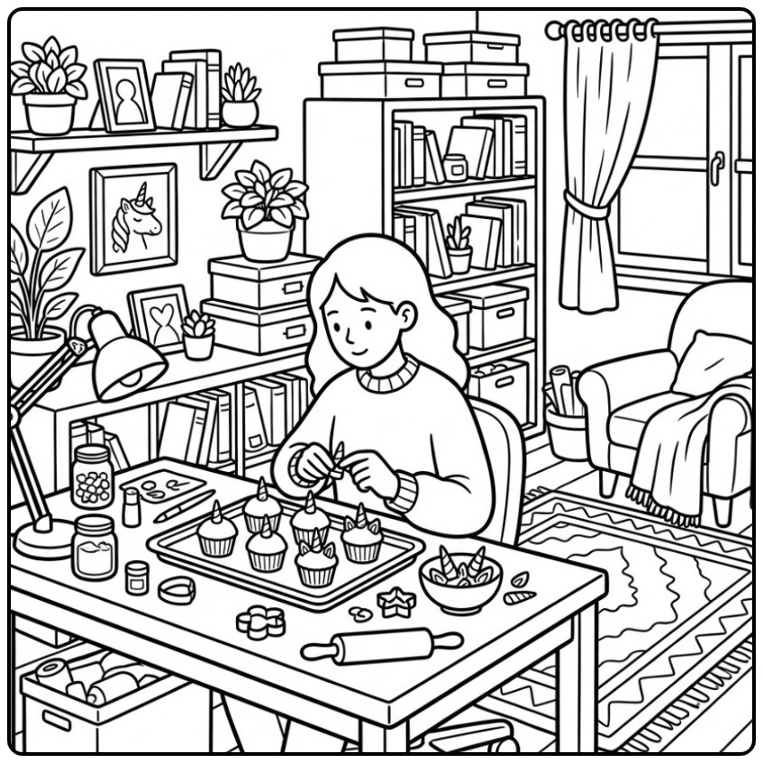 Een meisje versiert cakejes op deze unicorn cupcake kleurplaat.