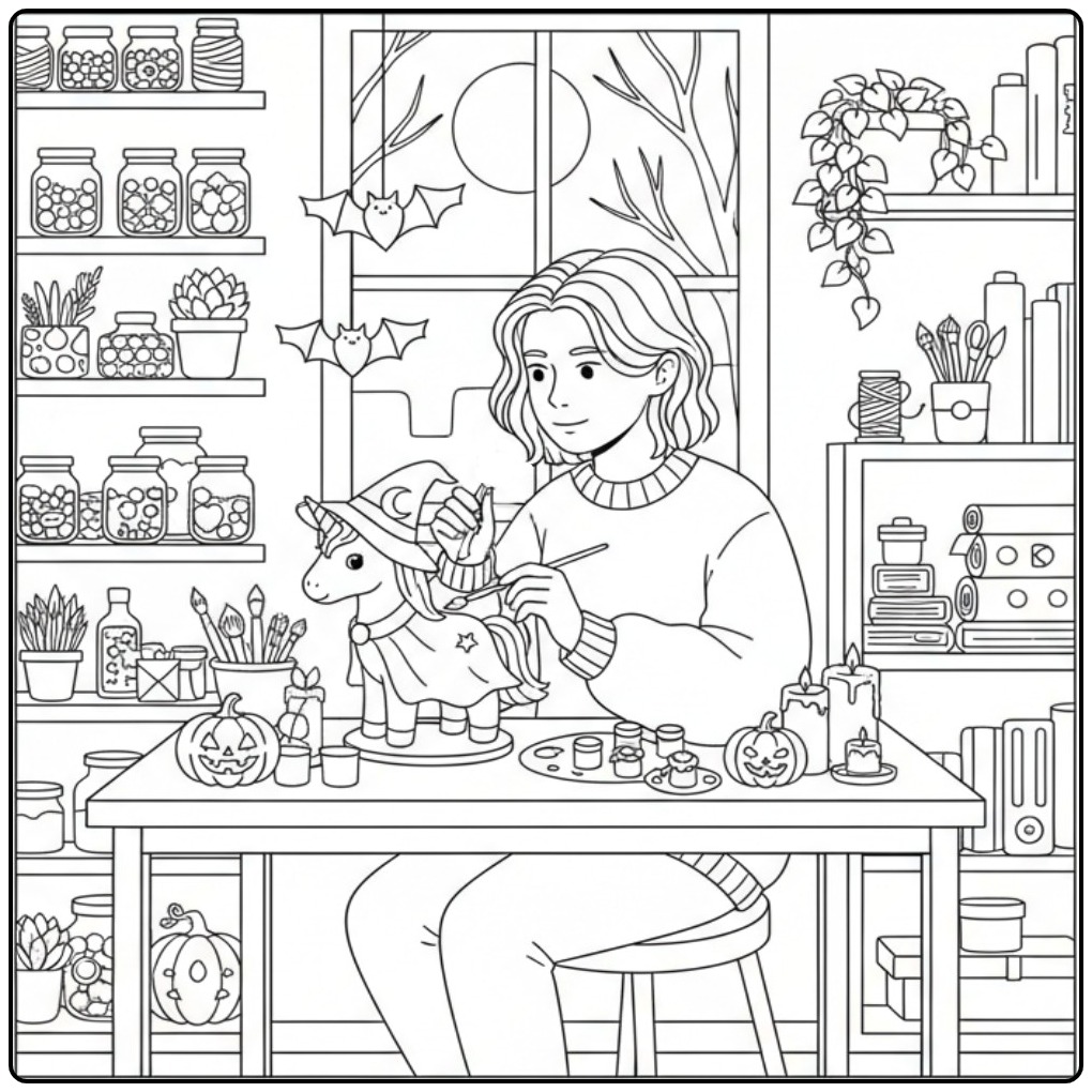 Een meisje schildert een beeldje op een unicorn halloween kleurplaat.