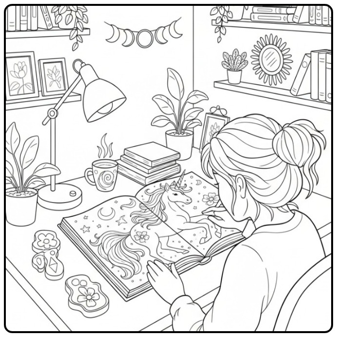 Een meisje kleurt een unicorn kleurplaat makkelijk in haar boek.