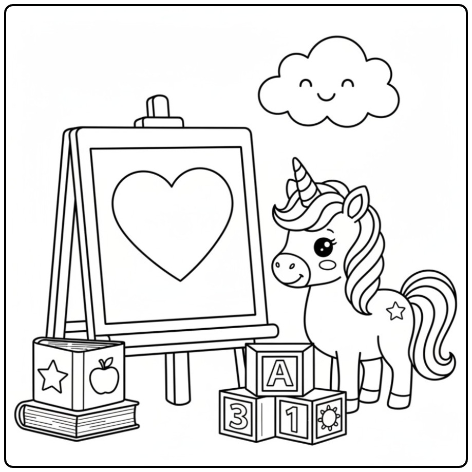 Een lieve baby unicorn kleurplaat naast een schildersezel.