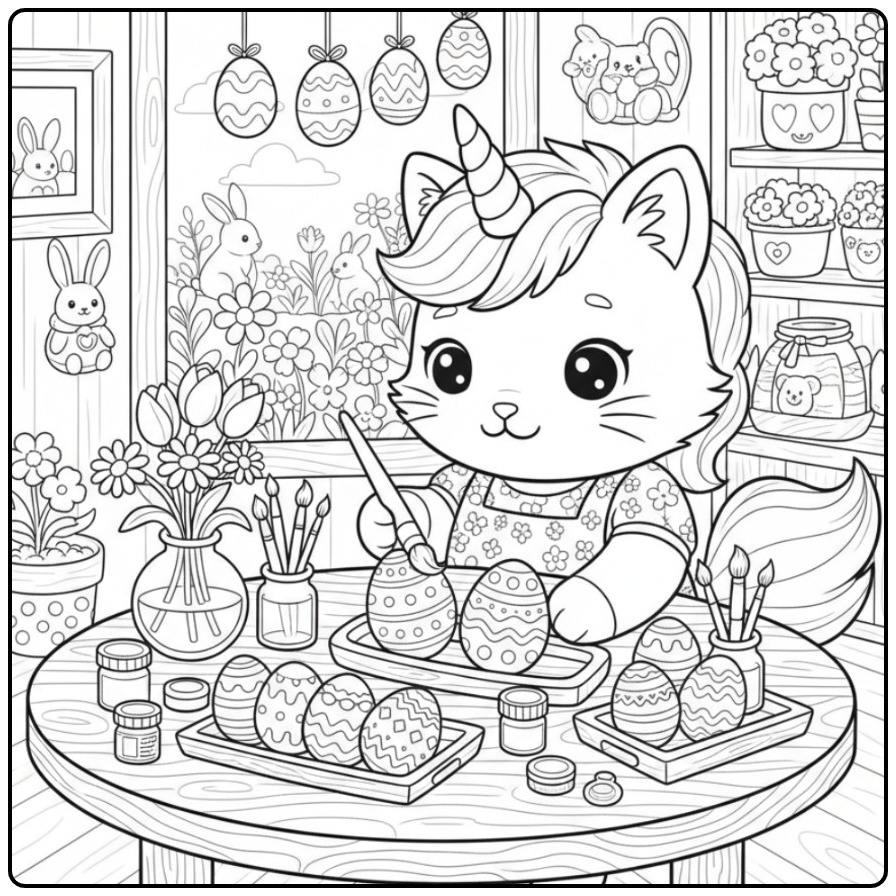Vrolijke Eenhoorn kat Pasen Kleurplaat die eieren schildert.