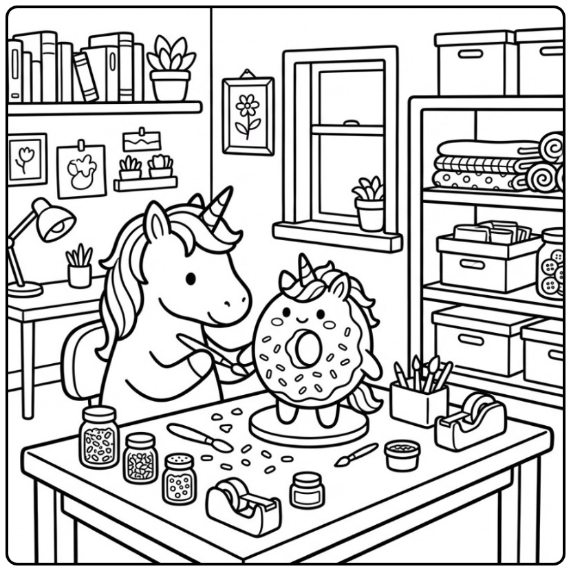 Een schattige kleurplaat donut unicorn in een knutselkamer.